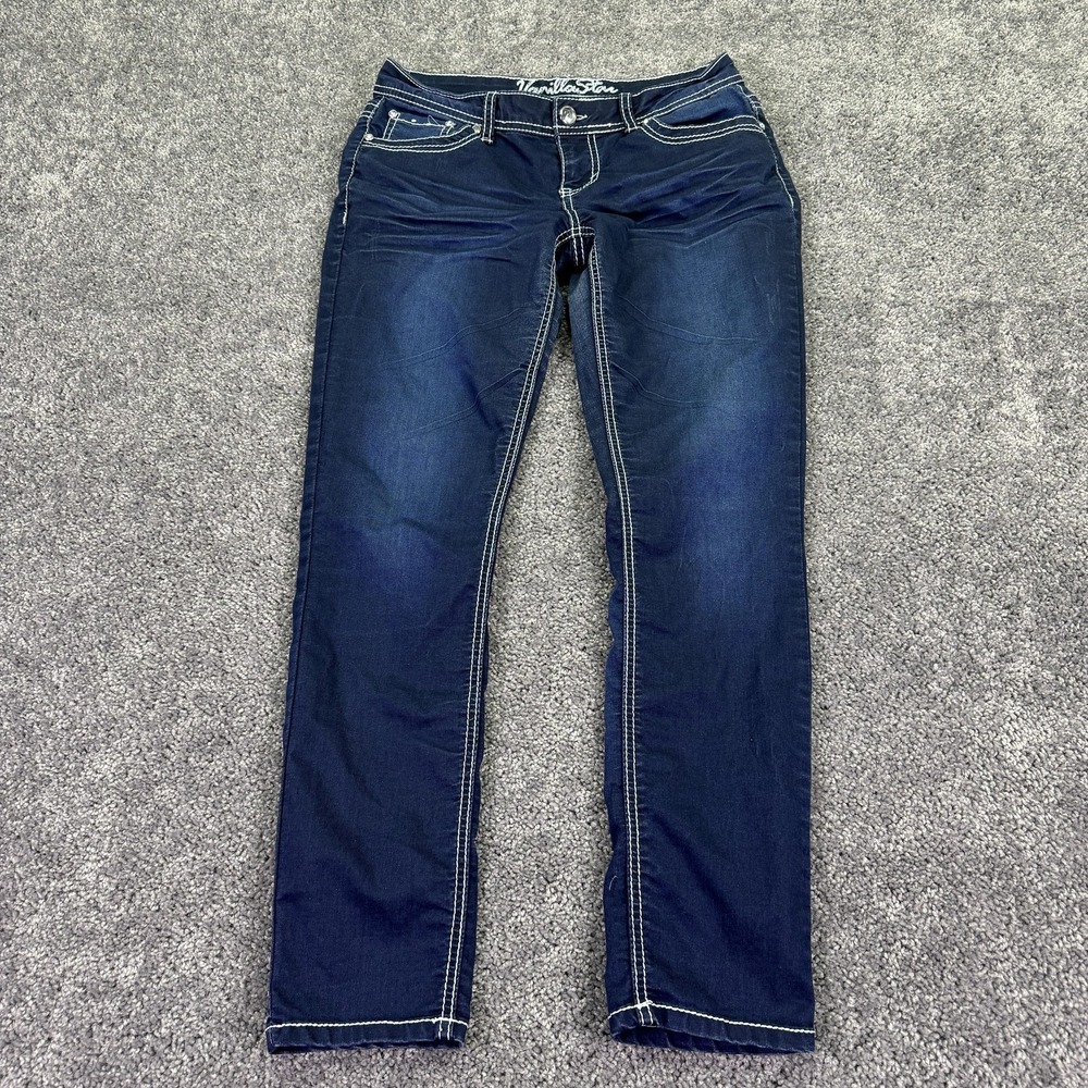 Vanilla Star Jeans Juniors 9 Blue Skinny Stretch Denim Dark Wash Embroidered